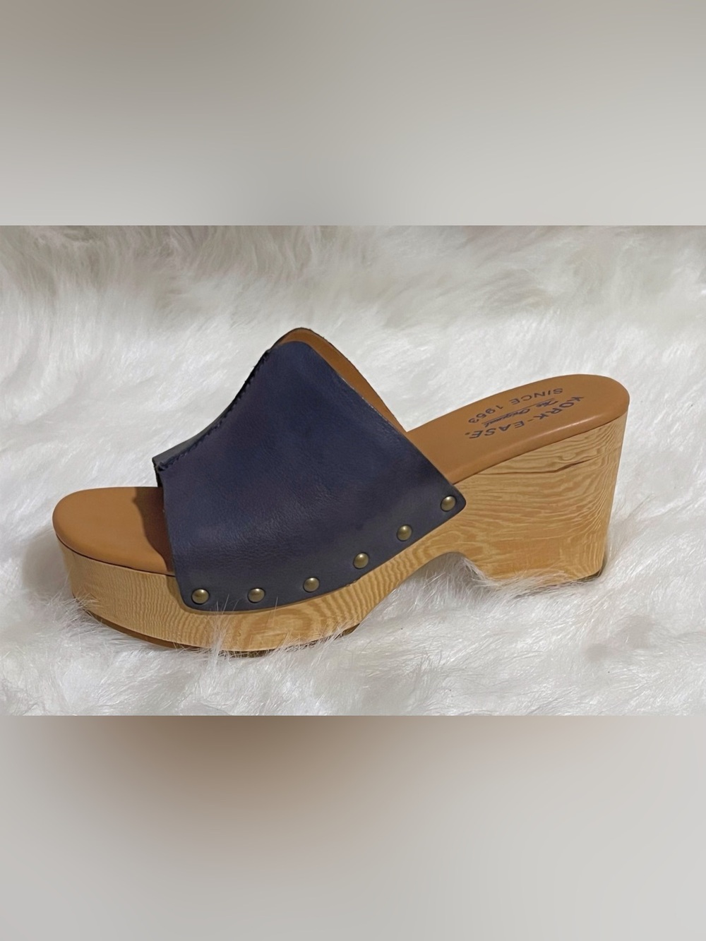 Kork-Ease NWOT Waone Leather Wood Wedge Platform Sandal Size 9 Blue/Grey - Picture 7 of 10